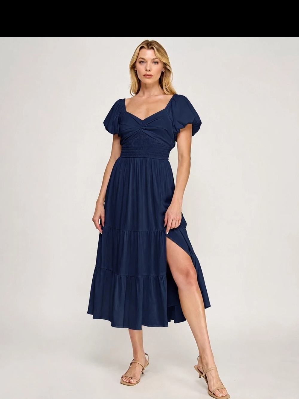Trixxi Juniors' Sweetheart Neck Puff- Sleeve Ruched Waist Midi Dress Navy SizeXS